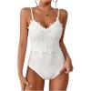 imageMakeMeChic Womens Guipure Lace Bodysuit Floral V Neck Sleeveless Going Out Leotard TopsWhite