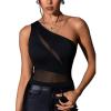 imageMakeMeChic Womens Summer Mesh Bodysuits One Shoulder Asymmetrical Tops Cut Out Leotards Shirts Country Concert OutfitsBlack