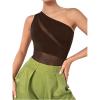 imageMakeMeChic Womens Summer Mesh Bodysuits One Shoulder Asymmetrical Tops Cut Out Leotards Shirts Country Concert OutfitsBrown