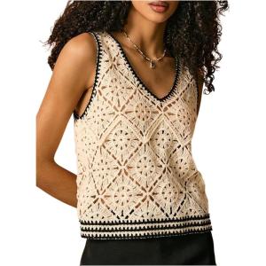 imageMakeMeChic Womens Crochet V Neck Sweater Vest Contrast Binding Sleeveless Knitwear TopWhite
