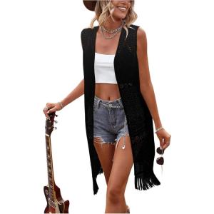 imageMakeMeChic Womens Fringe Vest Sleeveless Crochet Open Front Vintage Jacket CardiganBlack