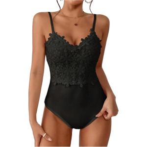 imageMakeMeChic Womens Guipure Lace Bodysuit Floral V Neck Sleeveless Going Out Leotard TopsBlack