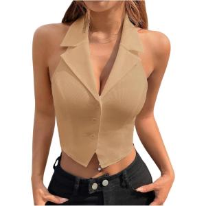 imageMakeMeChic Womens Halter Vest Tops Button Down Asymmetrical Hem V Neck Sleeveless Crop VestBrown