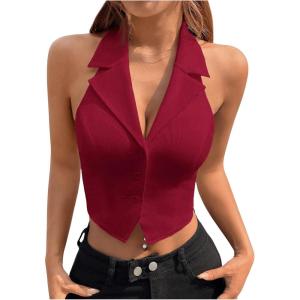imageMakeMeChic Womens Halter Vest Tops Button Down Asymmetrical Hem V Neck Sleeveless Crop VestBurgundy