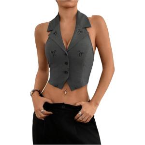 imageMakeMeChic Womens Halter Vest Tops Button Down Asymmetrical Hem V Neck Sleeveless Crop VestGrey