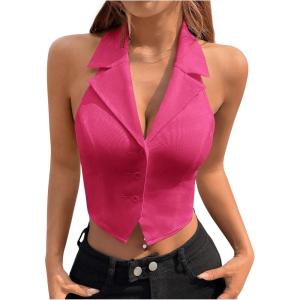 imageMakeMeChic Womens Halter Vest Tops Button Down Asymmetrical Hem V Neck Sleeveless Crop VestHot Pink