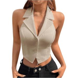 imageMakeMeChic Womens Halter Vest Tops Button Down Asymmetrical Hem V Neck Sleeveless Crop VestKhaki