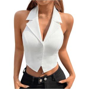 imageMakeMeChic Womens Halter Vest Tops Button Down Asymmetrical Hem V Neck Sleeveless Crop VestWhite