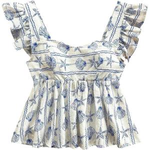 imageMakeMeChic Womens Lemon Print Ruffle Sleeve Blouse Peplum Summer Shirt TopsBlue and White