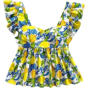 imageMakeMeChic Womens Lemon Print Ruffle Sleeve Blouse Peplum Summer Shirt TopsYellow
