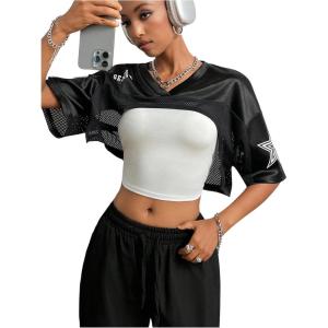 imageMakeMeChic Womens Mesh Number Graphic Jersey Shirt V Neck Half Sleeve Y2k Tee Crop TopsBlack