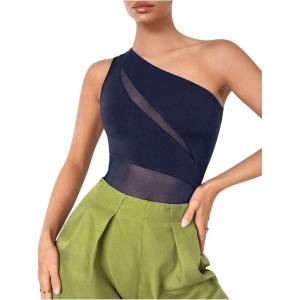 imageMakeMeChic Womens Summer Mesh Bodysuits One Shoulder Asymmetrical Tops Cut Out Leotards Shirts Country Concert OutfitsBlue