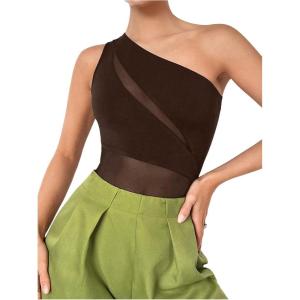 imageMakeMeChic Womens Summer Mesh Bodysuits One Shoulder Asymmetrical Tops Cut Out Leotards Shirts Country Concert OutfitsBrown