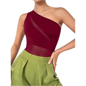 imageMakeMeChic Womens Summer Mesh Bodysuits One Shoulder Asymmetrical Tops Cut Out Leotards Shirts Country Concert OutfitsBurgundy