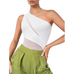 imageMakeMeChic Womens Summer Mesh Bodysuits One Shoulder Asymmetrical Tops Cut Out Leotards Shirts Country Concert OutfitsWhite