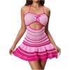 imageMakeMeChic Womens Summer Crochet Dresses Casual Striped Halter Cut Out Tie Backless A Line Ruffle Mini DressPink and White