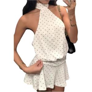 imageMakeMeChic Womens Polka Dots Mini Dresses Y2k Ruffle Tie Backless Halter DressWhite