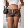imageMakeMeChic Womens PU Leather Lace Up Ruched Tie Side Micro Shorts Low Waist Belted Festival Rave Concert Mini ShortCoffee Brown