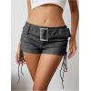 imageMakeMeChic Womens PU Leather Lace Up Ruched Tie Side Micro Shorts Low Waist Belted Festival Rave Concert Mini ShortDark Grey