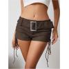 imageMakeMeChic Womens PU Leather Lace Up Ruched Tie Side Micro Shorts Low Waist Belted Festival Rave Concert Mini ShortPubrown