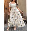 imageMakeMeChic Womens Plus Size Floral Puff Sleeve Maxi Dress Square Neck Ruffle Shirred A Line DressesMulticolor