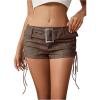 imageMakeMeChic Womens PU Leather Lace Up Ruched Tie Side Micro Shorts Low Waist Belted Festival Rave Concert Mini ShortCoffee Brown