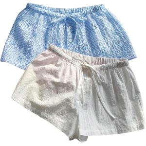 imageMakeMeChic Womens 2 Pack Linen Shorts Summer Beach Pajama Boxer ShortsBow Blue White