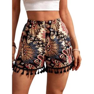 imageMakeMeChic Womens Floral Print Shorts Tassel Hem Elastic Waist Wide Leg Summer Boho ShortsMulticolor