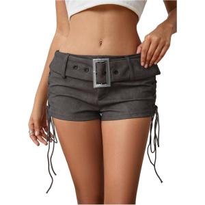 imageMakeMeChic Womens PU Leather Lace Up Ruched Tie Side Micro Shorts Low Waist Belted Festival Rave Concert Mini ShortGrey