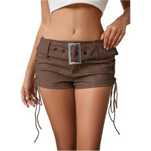 imageMakeMeChic Womens PU Leather Lace Up Ruched Tie Side Micro Shorts Low Waist Belted Festival Rave Concert Mini ShortRust Brown