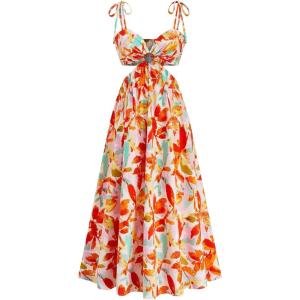 imageMakeMeChic Womens Plus Size Floral Tie Shoulder Cami Dress Cut Out Shirred Flowy Maxi Dresses SundressOrange