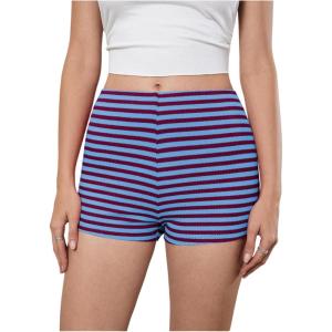 imageMakeMeChic Womens Striped Shorts Crochet Knit Pajama Micro Mini Boxer Lounge Shorts Summer BottomsBlue and Brown