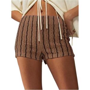 imageMakeMeChic Womens Striped Shorts Crochet Knit Pajama Micro Mini Boxer Lounge Shorts Summer BottomsCoffee Brown