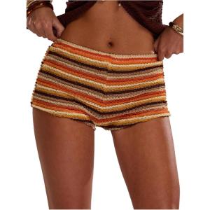 imageMakeMeChic Womens Striped Shorts Crochet Knit Pajama Micro Mini Boxer Lounge Shorts Summer BottomsMulticolor B
