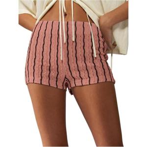 imageMakeMeChic Womens Striped Shorts Crochet Knit Pajama Micro Mini Boxer Lounge Shorts Summer BottomsPink B