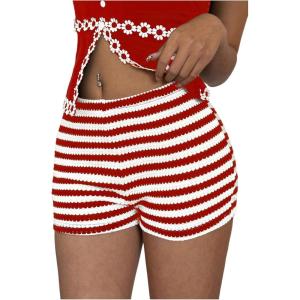 imageMakeMeChic Womens Striped Shorts Crochet Knit Pajama Micro Mini Boxer Lounge Shorts Summer BottomsRed and White