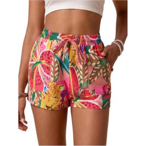 imageMakeMeChic Womens Tropical Print Shorts Drawstring Waist Wide Leg Summer Casual ShortsMulticolor