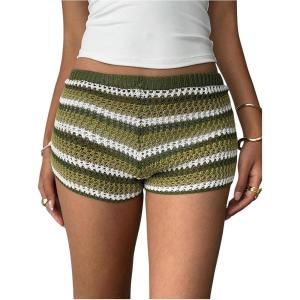 imageMakeMeChic Womens Y2k Striped Crochet Micro Mini Shorts Low Waist Knit Lounge Shorts LoungewearGreen