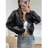imageMakeMeChic Womens Faux Leather Jacket Crop Zip Up Long Sleeve Drop Shoulder Motorcycle Jacket Outerwear Black Small