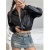imageMakeMeChic Womens Faux Leather Jacket Crop Zip Up Long Sleeve Drop Shoulder Motorcycle Jacket Outerwear Black Small