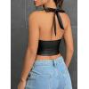 imageMakeMeChic Womens Faux PU Leather Camisole Tie Backless Sleeveless V Neck Halter Crop TopBlack