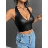 imageMakeMeChic Womens Faux PU Leather Camisole Tie Backless Sleeveless V Neck Halter Crop TopBlack