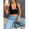 imageMakeMeChic Womens Faux PU Leather Camisole Tie Backless Sleeveless V Neck Halter Crop TopBlack