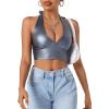 imageMakeMeChic Womens Faux PU Leather Camisole Tie Backless Sleeveless V Neck Halter Crop TopDark Grey