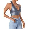 imageMakeMeChic Womens Faux PU Leather Camisole Tie Backless Sleeveless V Neck Halter Crop TopDark Grey