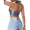 imageMakeMeChic Womens Faux PU Leather Camisole Tie Backless Sleeveless V Neck Halter Crop TopDark Grey
