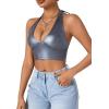 imageMakeMeChic Womens Faux PU Leather Camisole Tie Backless Sleeveless V Neck Halter Crop TopDark Grey