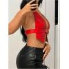 imageMakeMeChic Womens PU Leather Halter Crop Tops Backless Fitted Club Camisole TopsRed