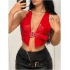 imageMakeMeChic Womens PU Leather Halter Crop Tops Backless Fitted Club Camisole TopsRed