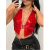 imageMakeMeChic Womens PU Leather Halter Crop Tops Backless Fitted Club Camisole TopsRed